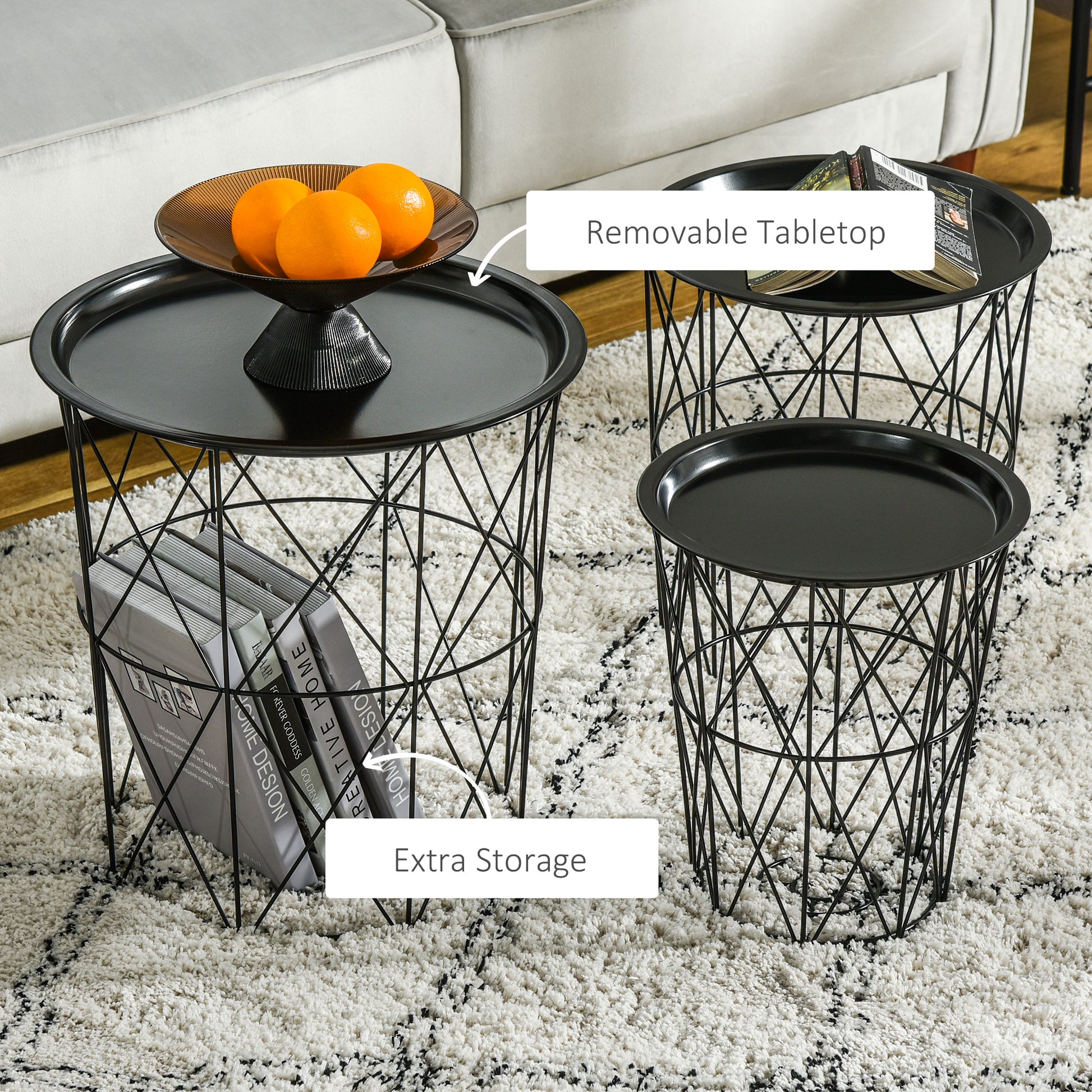 Set of 3 Nesting Coffee Tables with Storage, Round End Table with Removable Tray, Basket Side Tables with Metal Frame fo