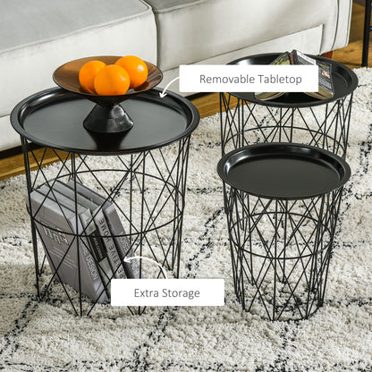 Set of 3 Nesting Coffee Tables with Storage, Round End Table with Removable Tray, Basket Side Tables with Metal Frame fo