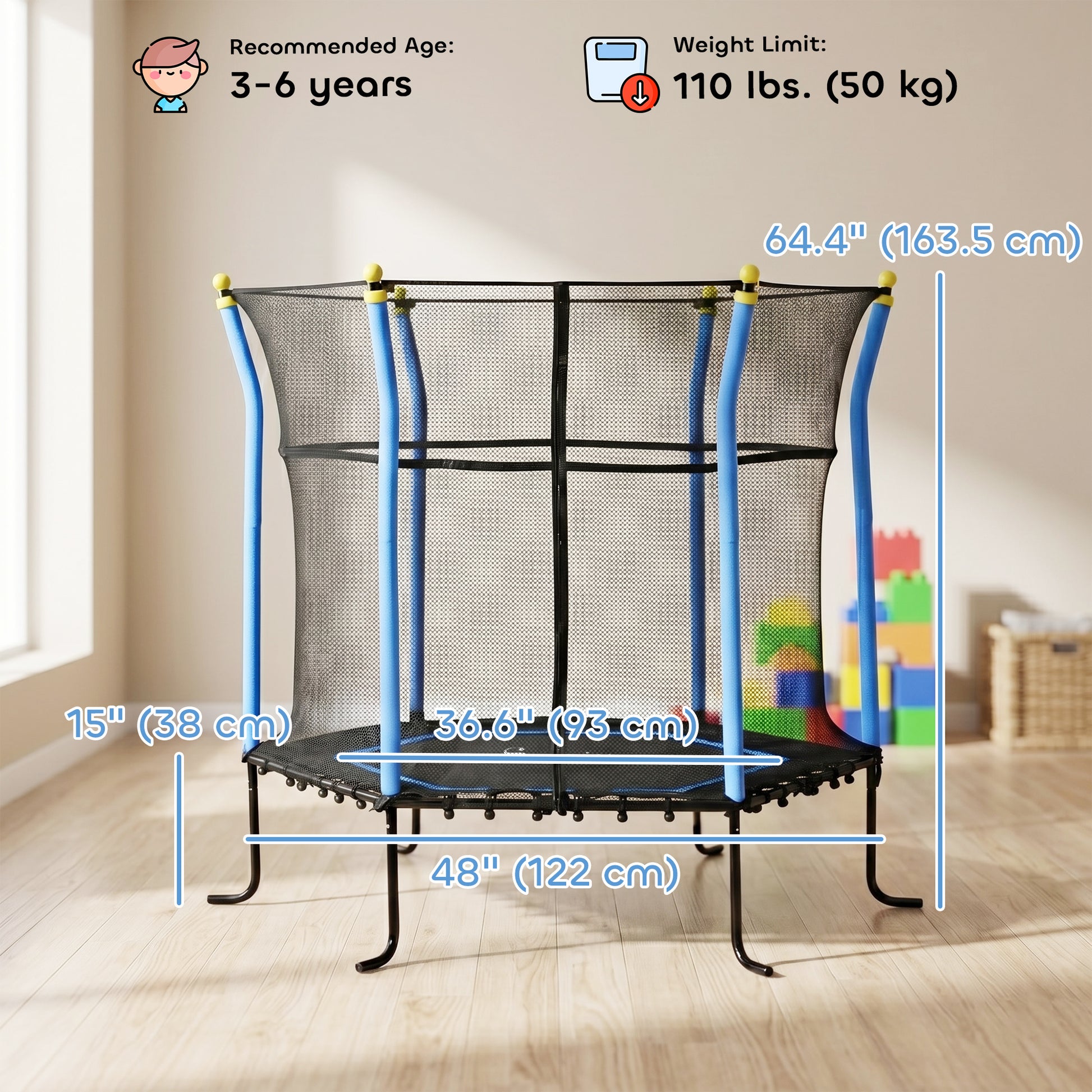 Soozier 63" Kids Trampoline Mini Indoor Bouncer Jumper with Enclosure Net Elastic Thick Padded Pole Gift for Child Toddl