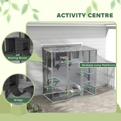 Large Outdoor Catio with Weatherproof Roof, Bridge, Resting Box, Platforms, Grey