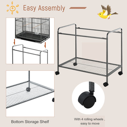 Large Rolling Metal Bird Cage Bird House with Detachable Rolling Stand, Storage Shelf, Wood Perch Food Container - Black