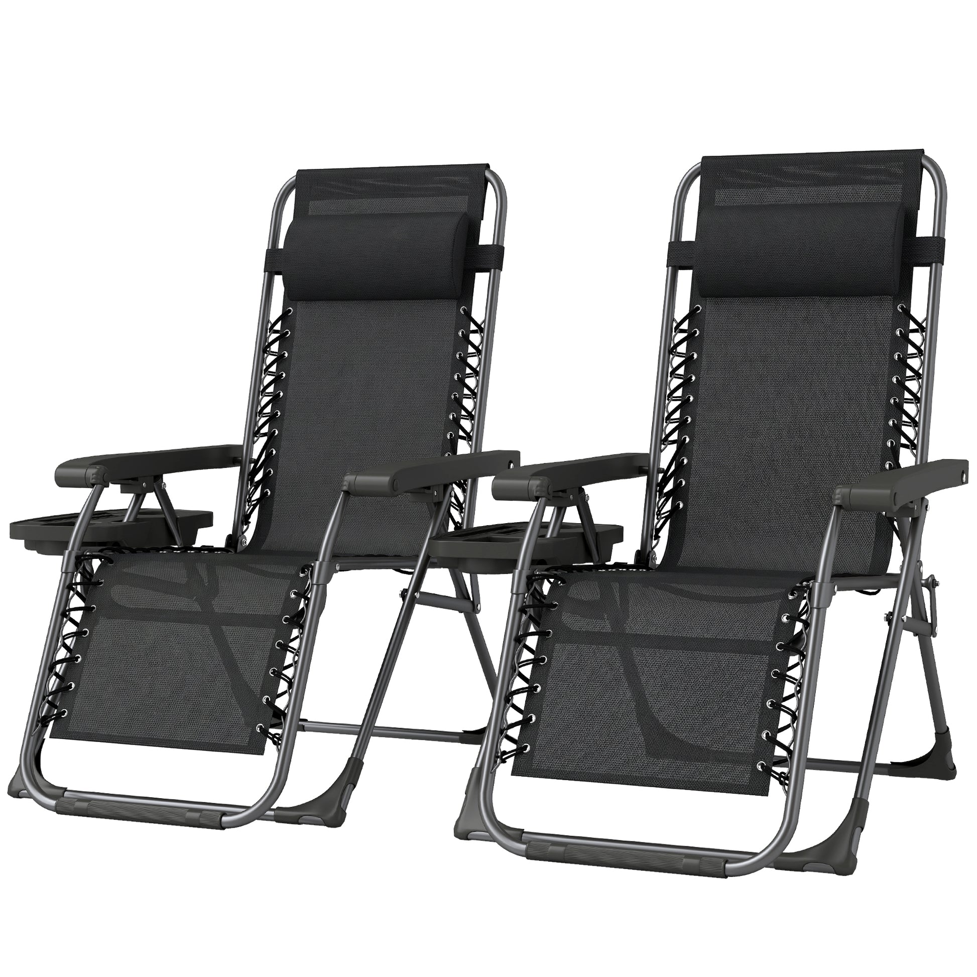 Zero Gravity Chair Set of 2, Folding Reclining Outdoor Lounge Chair with Cup Holder, Headrest, Black