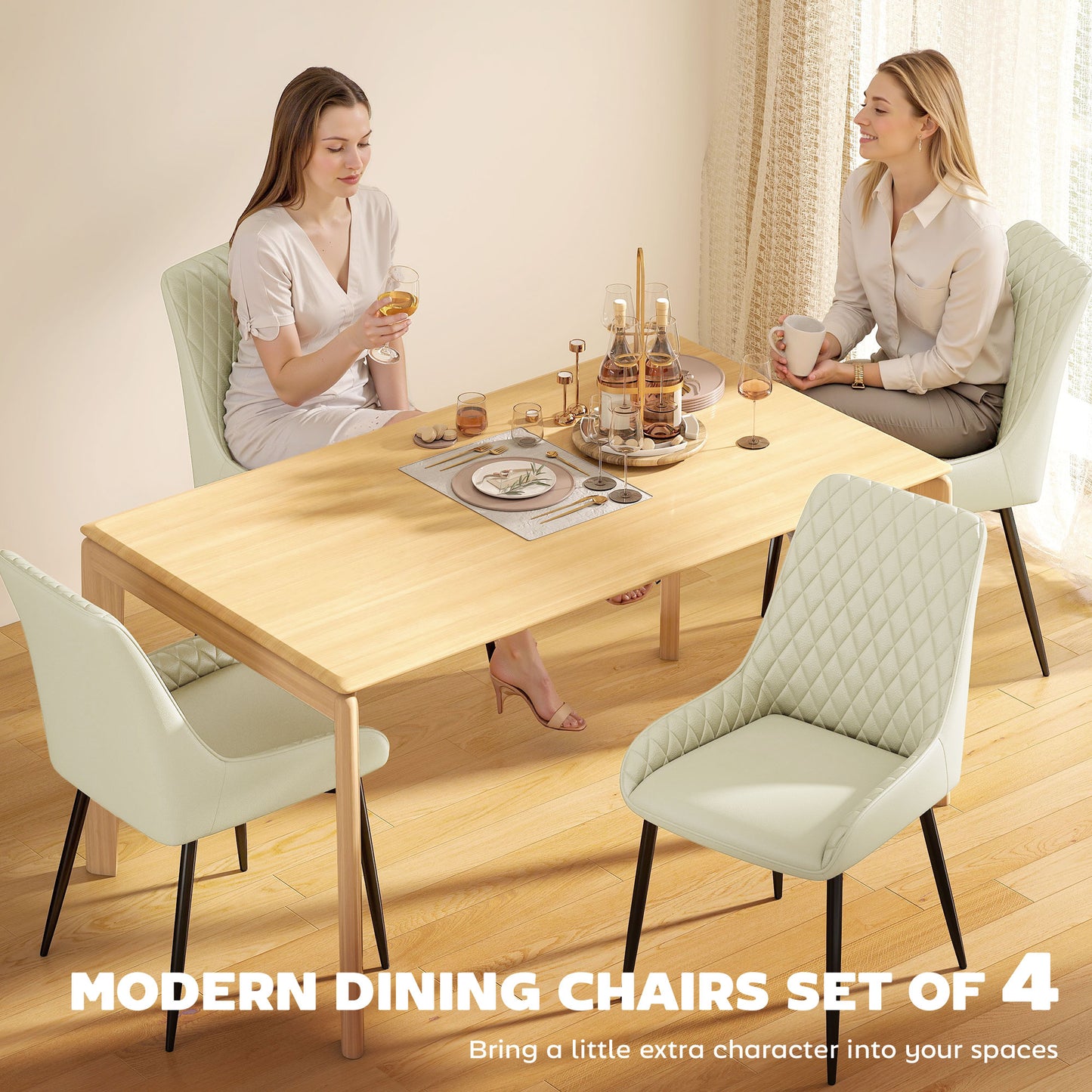 Set of 4 Upholstered Kitchen Chairs, Modern Dining Chairs with Diamond Tufting and Steel Legs for Dining Room, Cream Whi