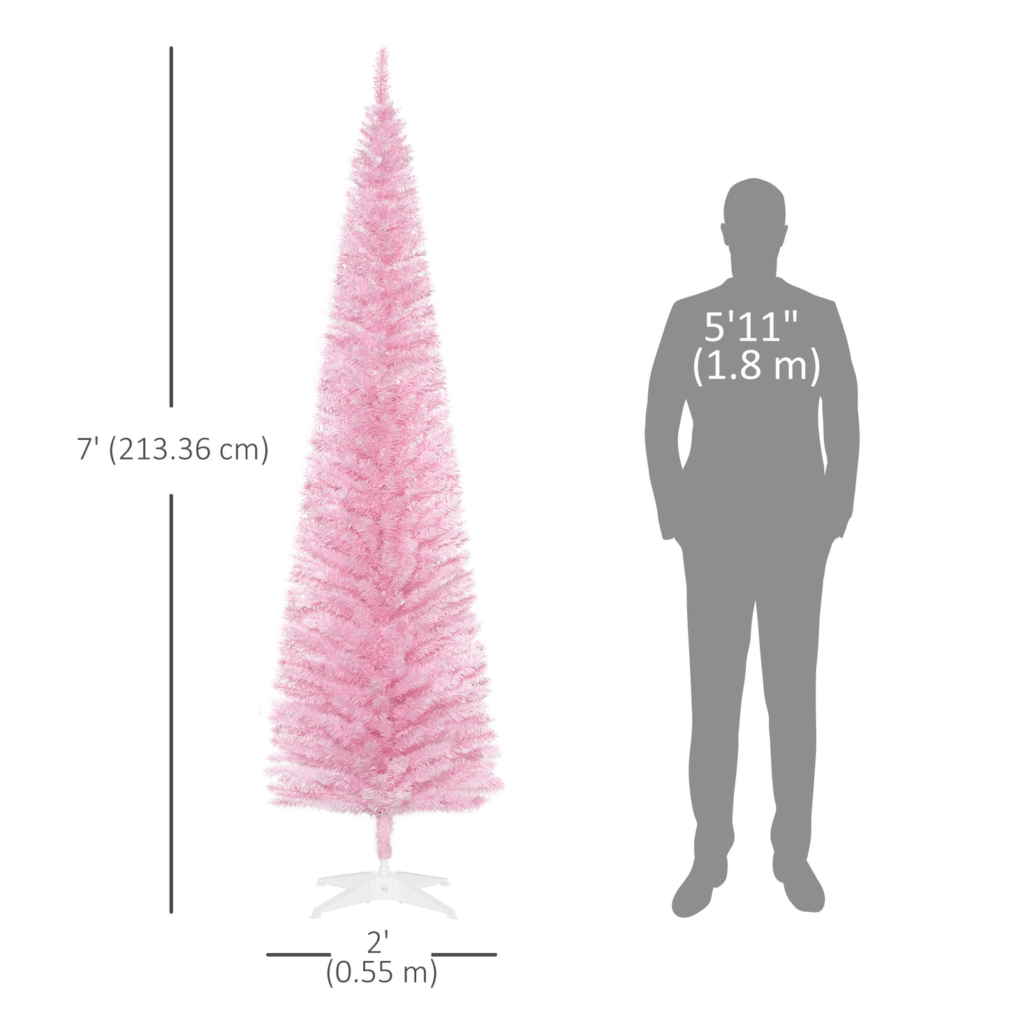 7' Pencil Christmas Tree, Slim Artificial Xmas Tree with Realistic Branches, Sturdy Metal Stand, Pink
