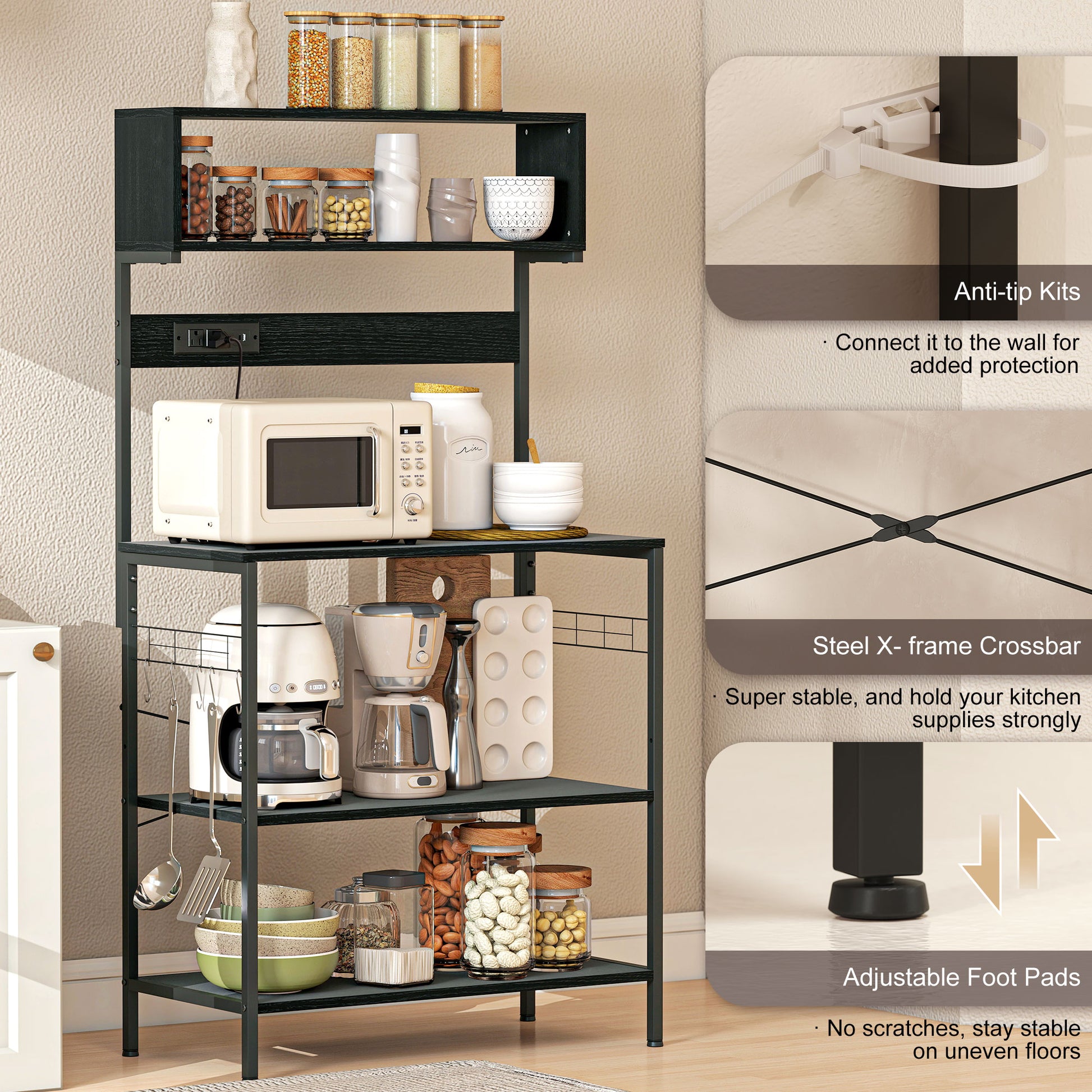 Baker's Rack with Charing Station, Microwave Shelf with Power Outlet, USB Charger and 5 Hooks, Black