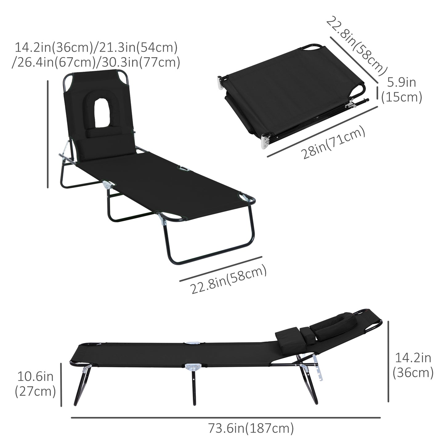 Adjustable Outdoor Lounge Chair, Garden Folding Chaise Lounge with Face Hole Reclining Tanning Chair Seat, Folding Campi
