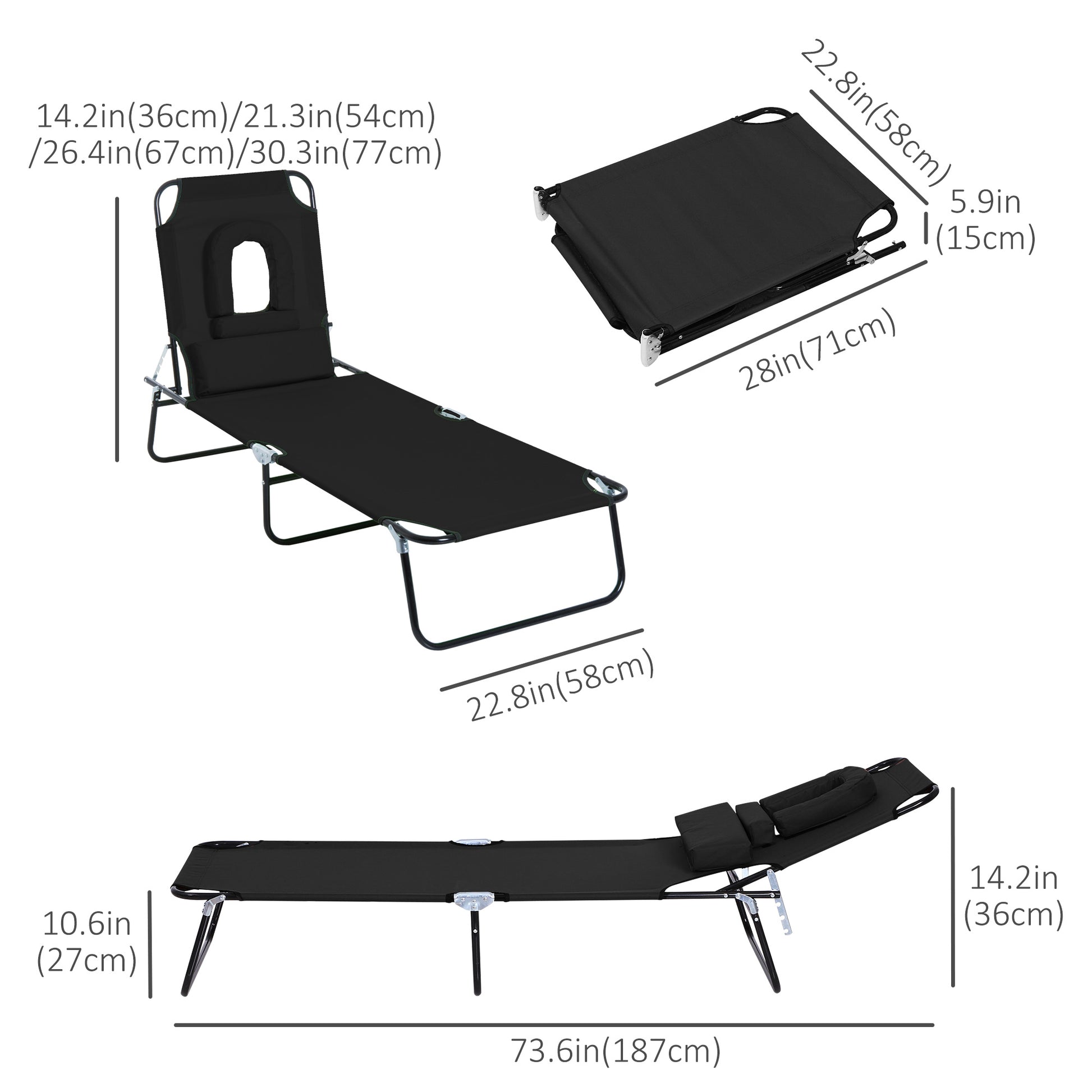 Adjustable Outdoor Lounge Chair, Garden Folding Chaise Lounge with Face Hole Reclining Tanning Chair Seat, Folding Campi