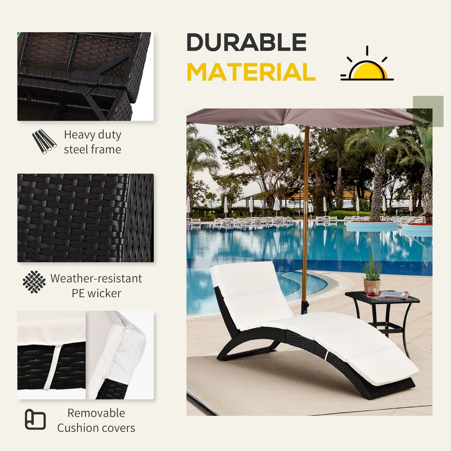 Patio Rattan Chaise lounger wicker Foldable Reclining Backrest PE Rattan Outdoor Lounge Chair, Recliner with Cushion for