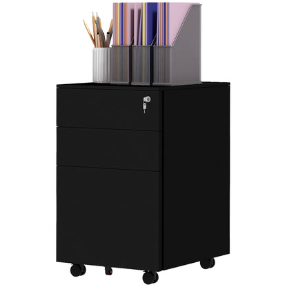 Vertical Steel Filing Cabinet on Wheels, 3-Drawer Lockable File Cabinet with Adjustable Hanging Bar for A4, Legal and Le