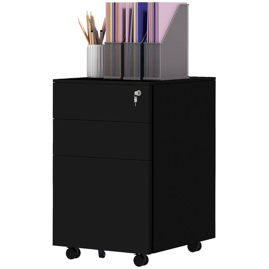 Vertical Steel Filing Cabinet on Wheels, 3-Drawer Lockable File Cabinet with Adjustable Hanging Bar for A4, Legal and Le