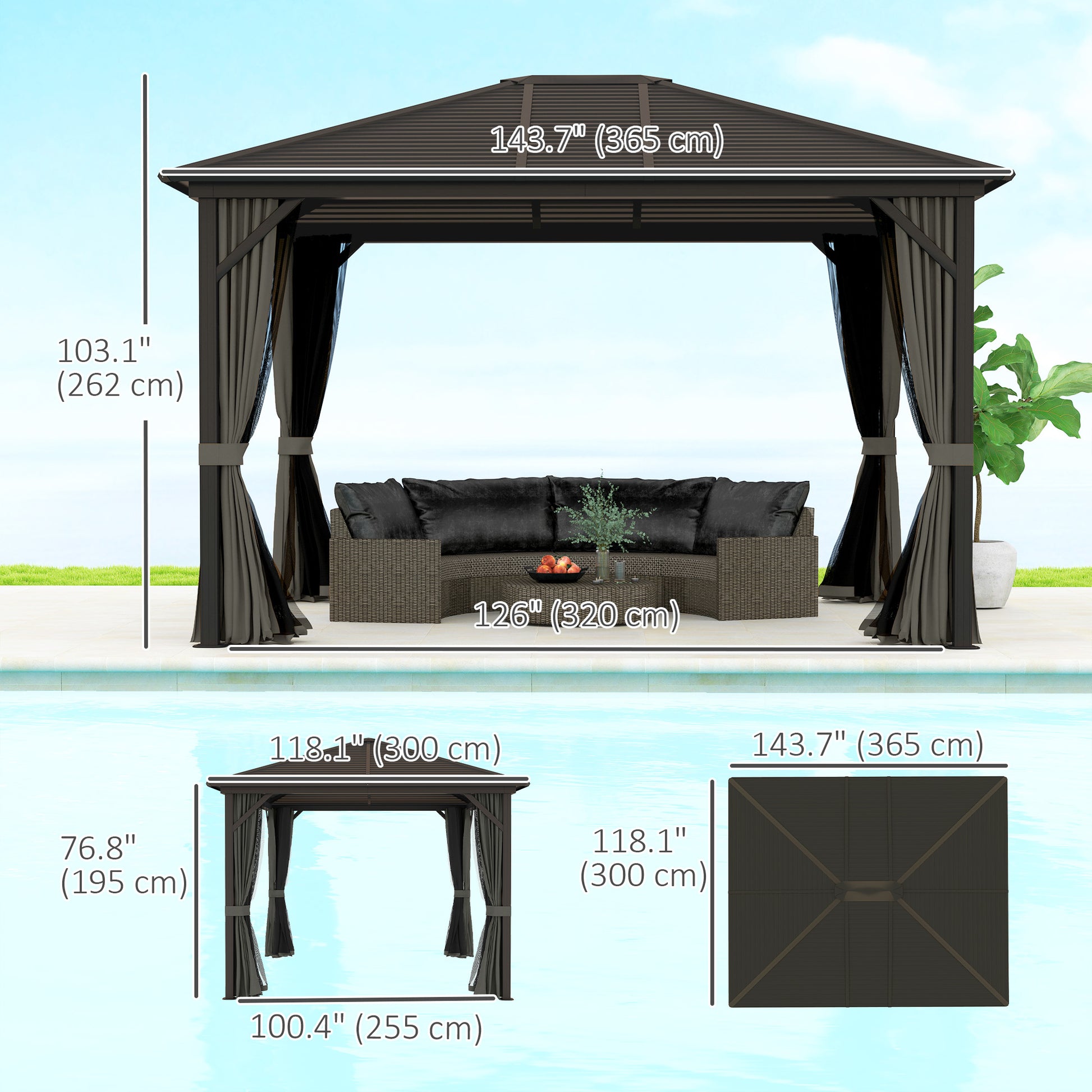 10' x 12' Deluxe Hardtop Gazebo with Metal Roof, Aluminum Frame Patio Gazebo Garden Sun Shelter Outdoor Pavilion with Cu