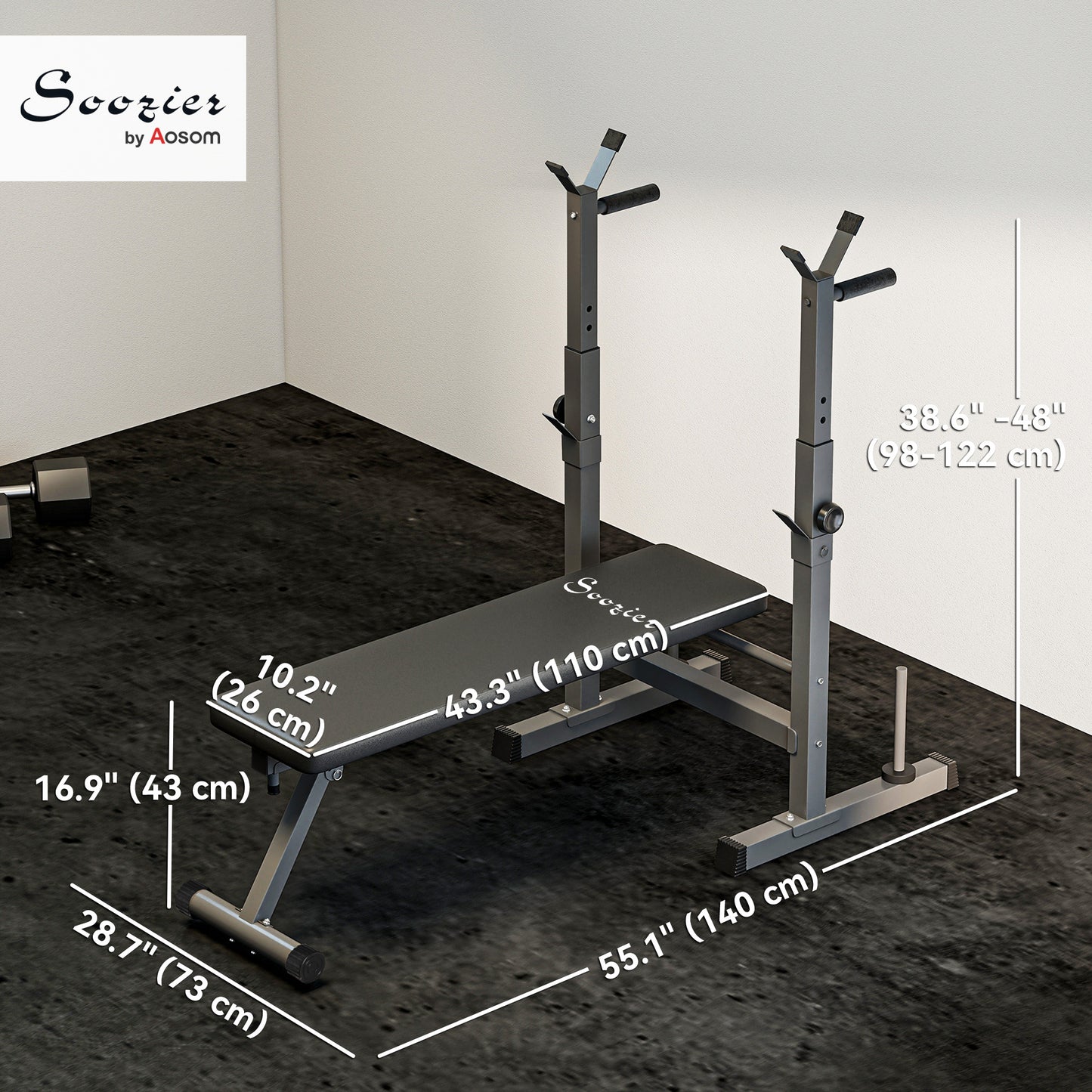 Soozier Adjustable Weight Bench, Foldable Bench Press with Barbell Rack and Dip Station for Home Gym, Strength Training 