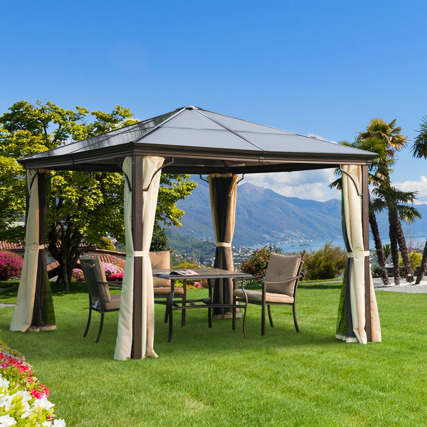 10 x 10 ft Hard Top Gazebo Canopy, Outdoor Patio Shelter with Heavy-Duty Metal Frame, Sun Shade with Curtains and Waterp