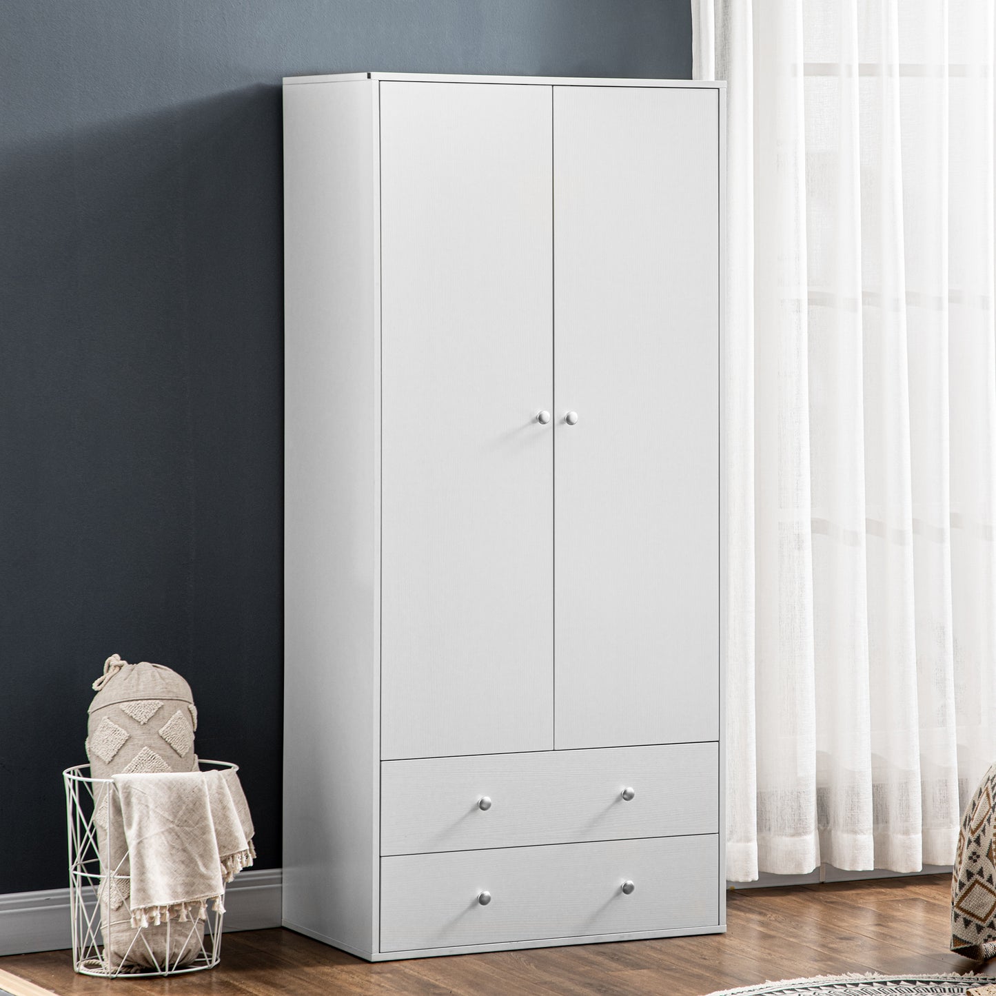 Armoire Wardrobe Closet with 2 Drawers, 71" Tall Wardrobe Cabinet with Hanging Rod, 2 Door Bedroom Armoires, Modern Clot