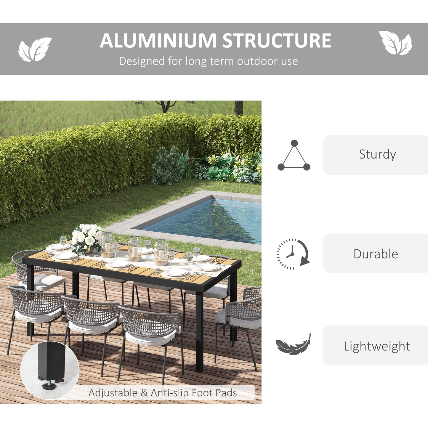 75" x 35" Outdoor Dining Table for 8 People, Rectangular Aluminum Frame Garden Table with All-Weather Faux Wood Top for 