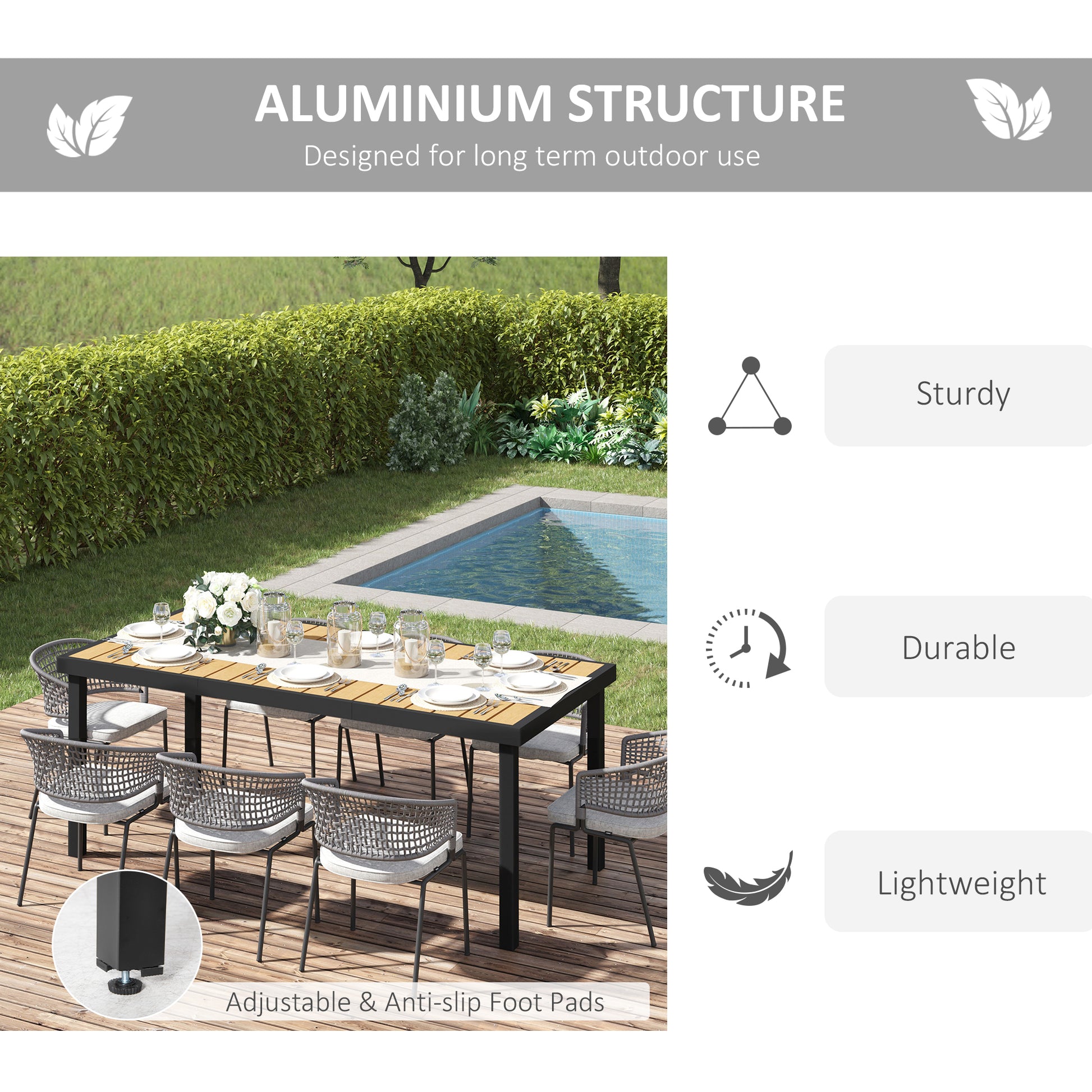 75" x 35" Outdoor Dining Table for 8 People, Rectangular Aluminum Frame Garden Table with All-Weather Faux Wood Top for 