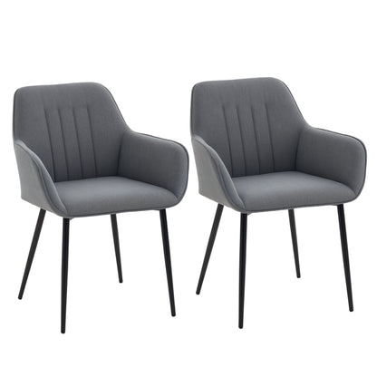 Dining Chairs Set of 2, Linen Upholstery Accent Chair with Back, Armrest, Metal Legs, Dark Grey