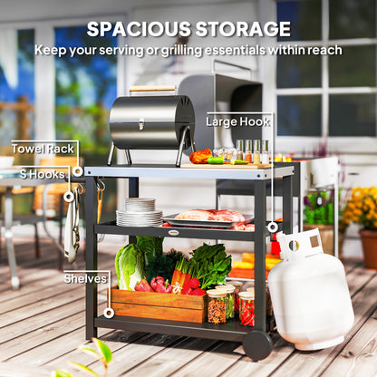 3-Shelf Outdoor Grill Dining Cart Pizza Oven Stand with Stainless Steel Top, Movable BBQ Food Prep Table Outdoor Kitchen