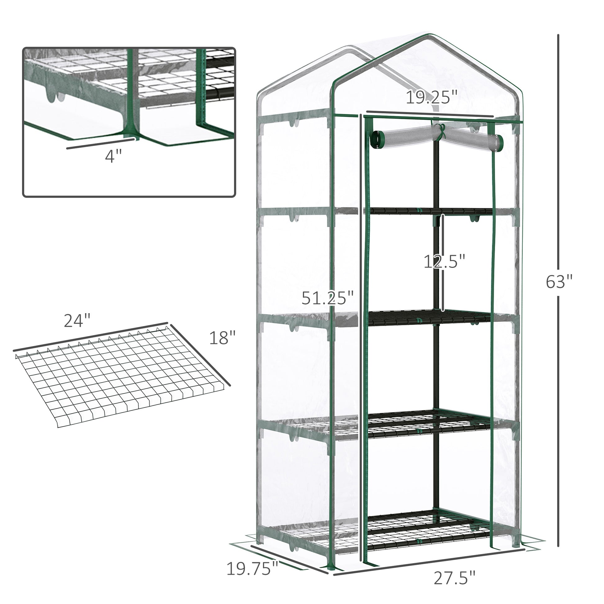 Portable Greenhouse with 4 Tier Shelves Outdoor Hot House, Steel Frame, PVC Cover, 28" x 20" x 63", Transparent