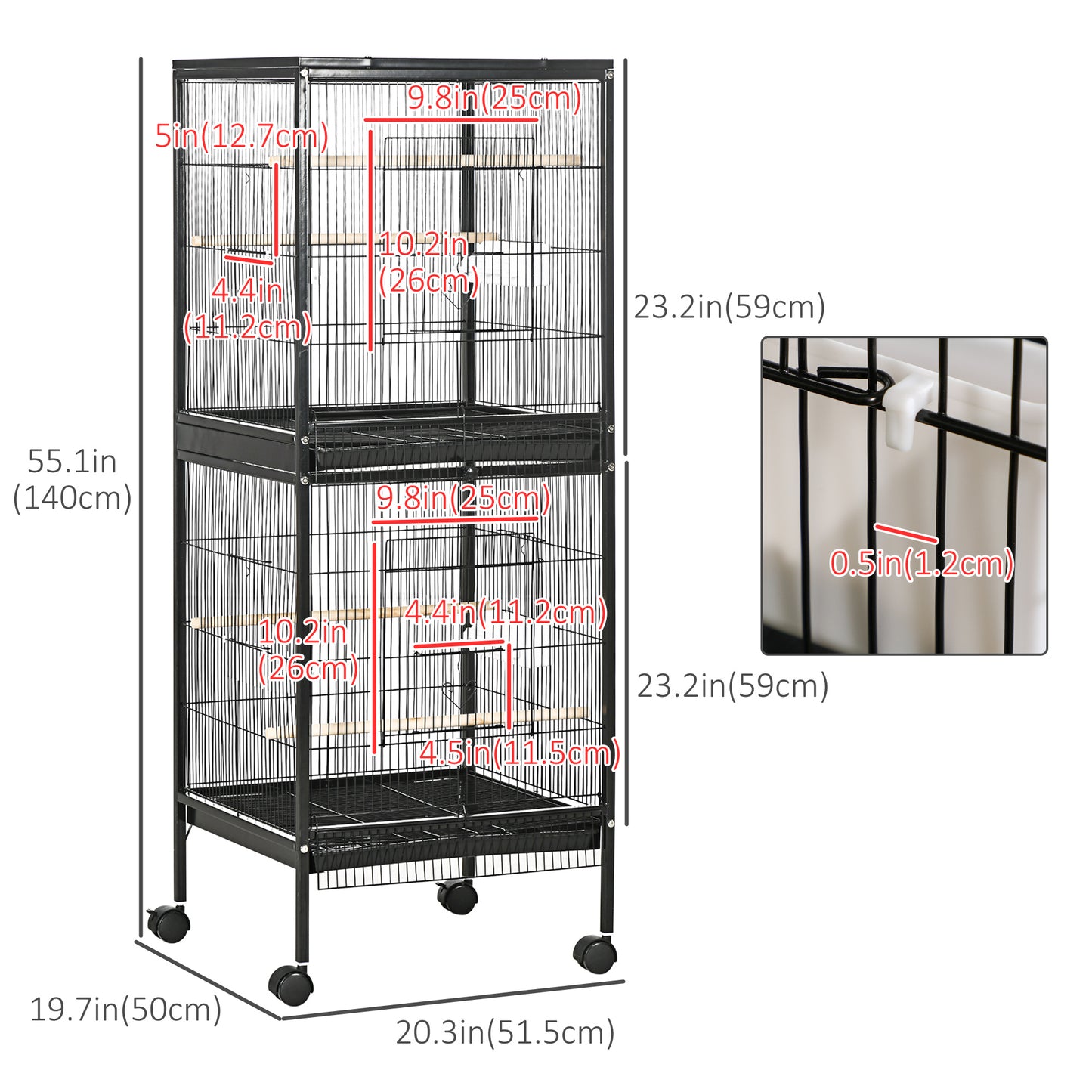 55.1" 2 In 1 Bird Cage Aviary Parakeet House for finches, budgies with Wheels, Slide-out Trays, Wood Perch, Food Contain
