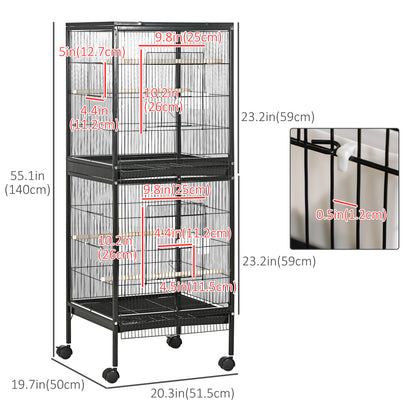 55.1" 2 In 1 Bird Cage Aviary Parakeet House for finches, budgies with Wheels, Slide-out Trays, Wood Perch, Food Contain