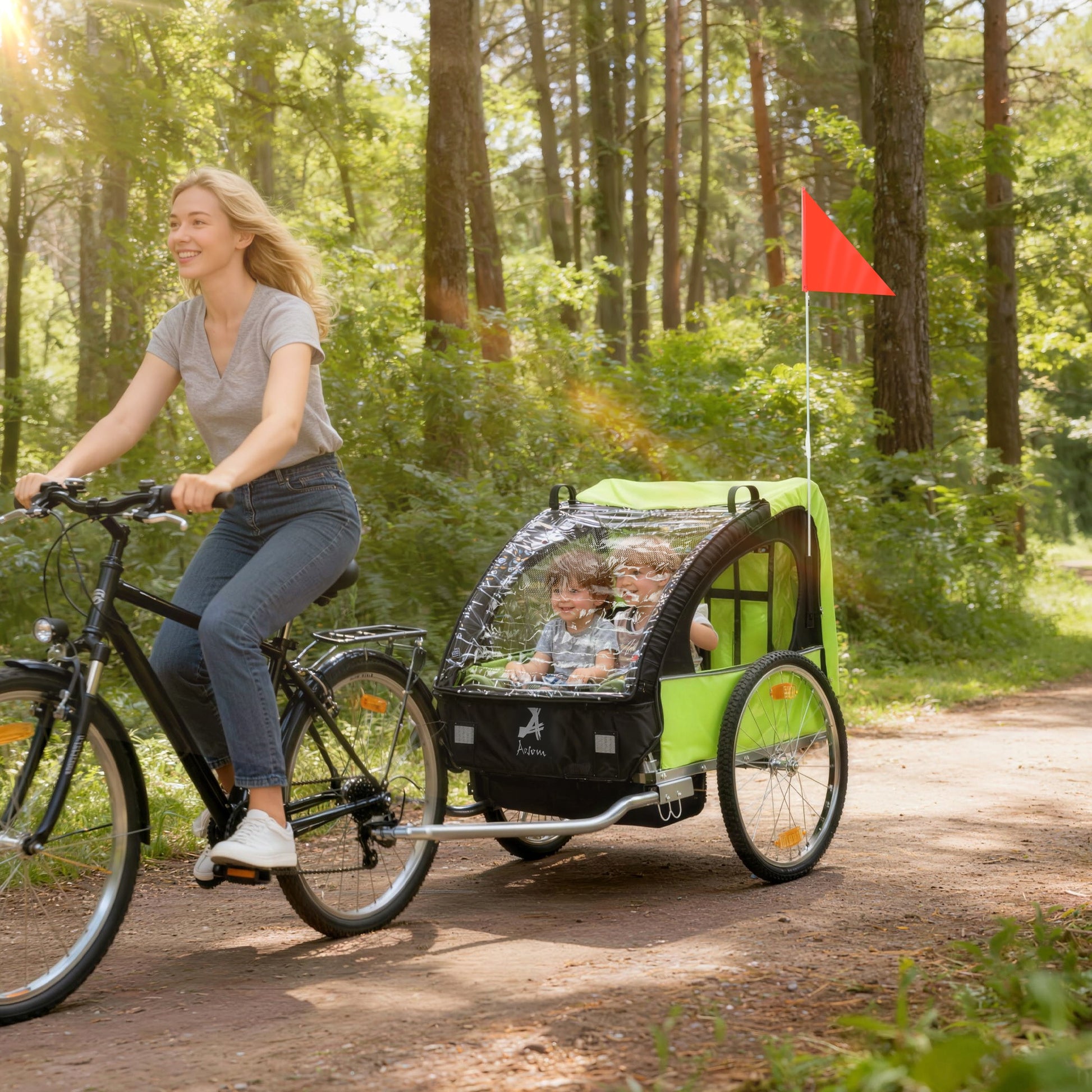VarietyKart 2-Seat Child Bike Trailer for Kids with a Strong Steel Frame, 5-Point Safety Harnesses, & Comfortable Seat, 