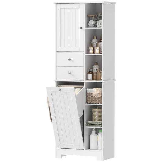 67" Tall Bathroom Storage Cabinet, Slim Bathroom Cabinet with Tilt-Out Laundry Basket, White
