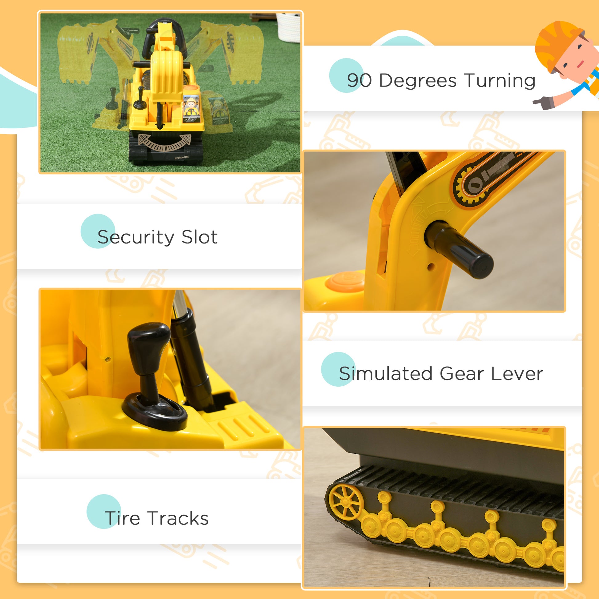 Qaba Kids Ride-on Excavator with Digger, Pretend Play Construction Truck with Under Seat Storage, Realistic Sound, Tread