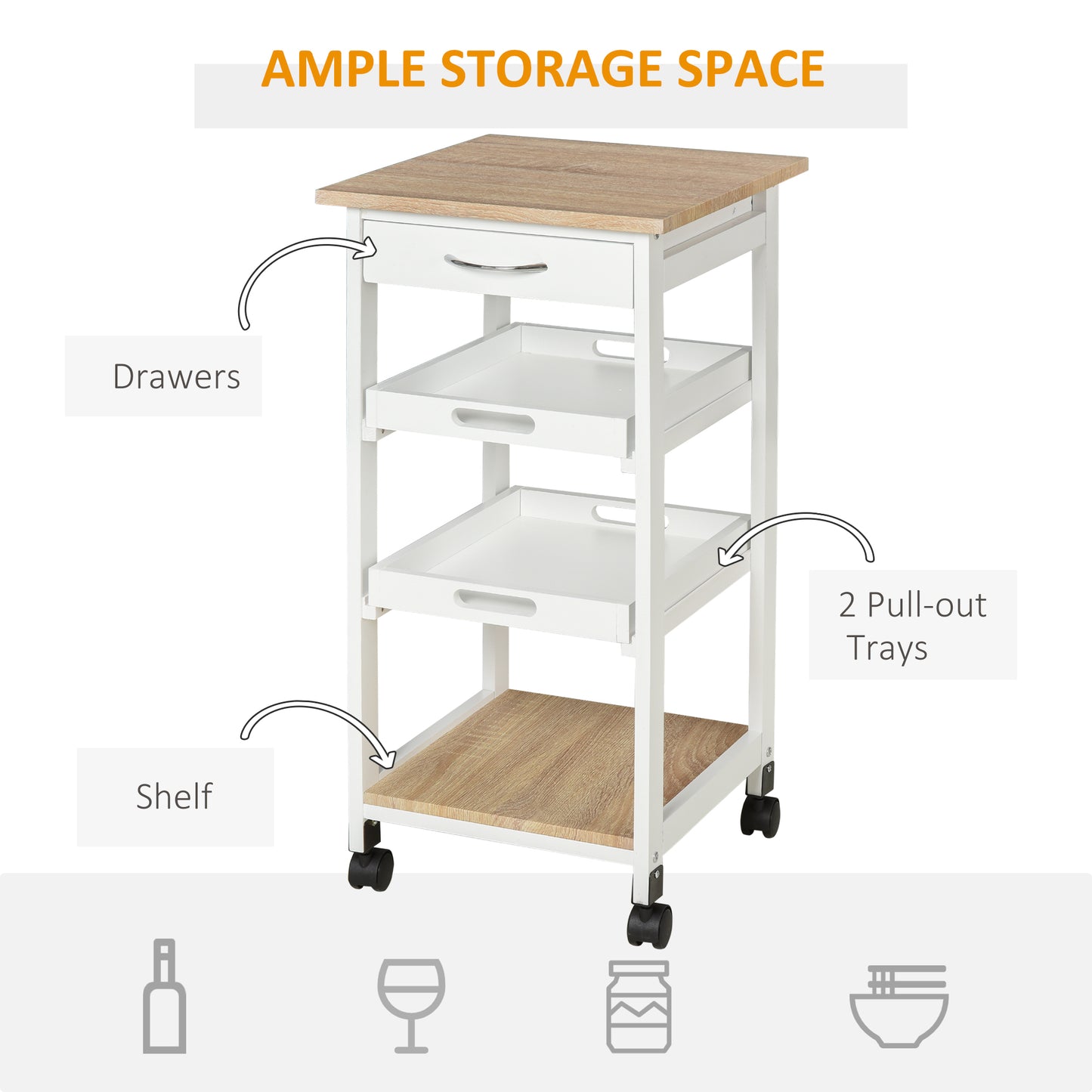 Bar Cart, 4-Tier Kitchen Cart with Removable Serving Tray, Kitchen Shelves on Wheels with Drawer for Dining Room, Living