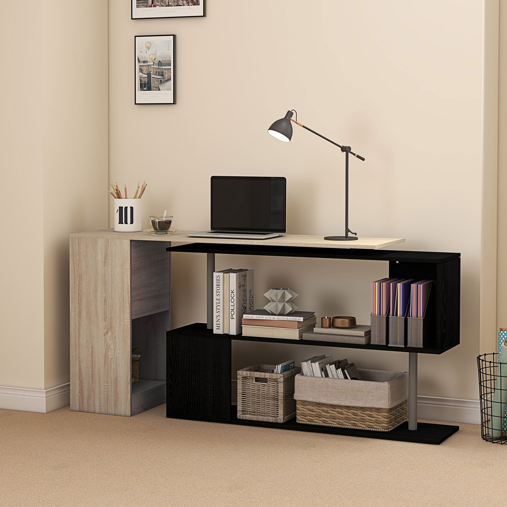 55" Corner Computer Desk, 360° Rotating L-Shaped Desk, Home Office Workstation with 3-Tier Shelves, Bookshelf