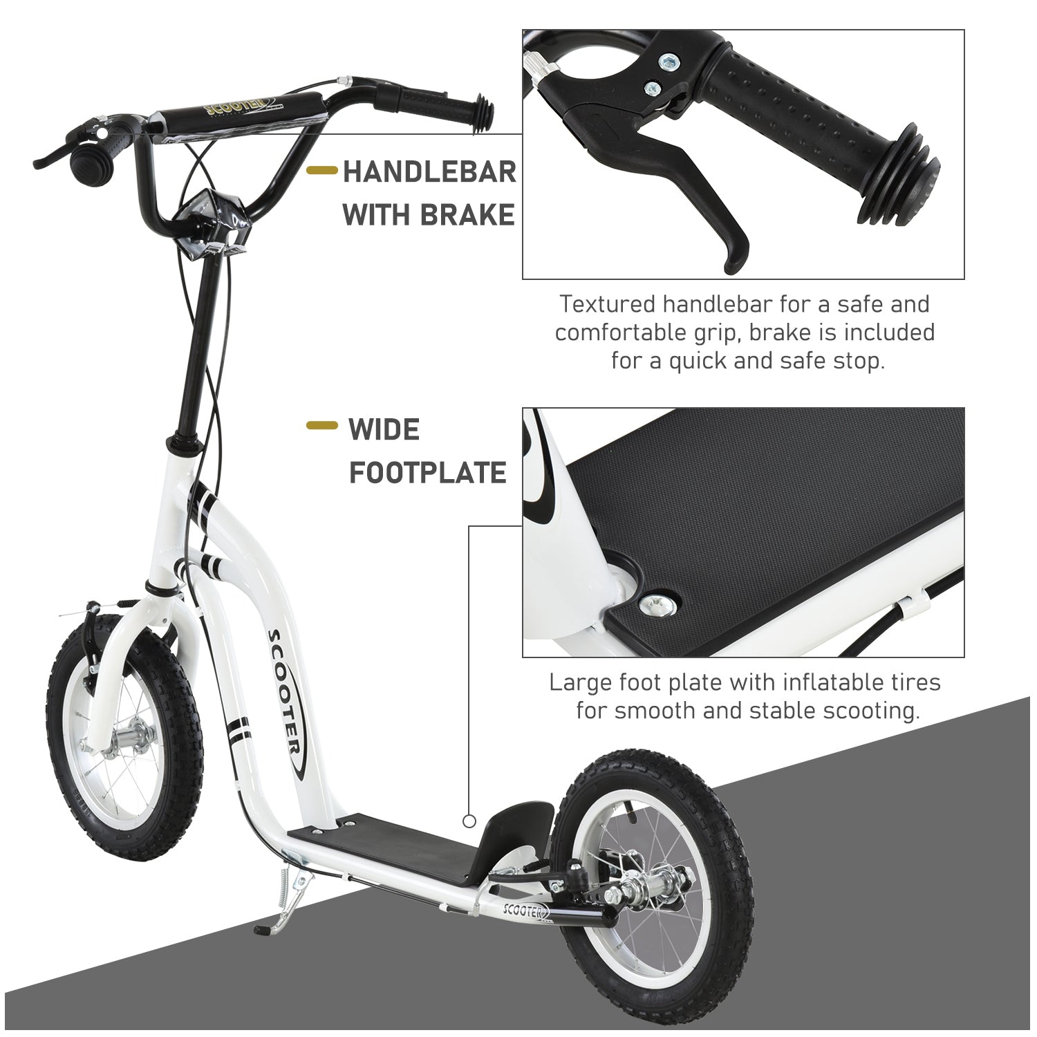 VarietyKart Dual Brakes Kick Scooter 12-Inch Inflatable Front Wheel Ride On Toy for Age 5+, White