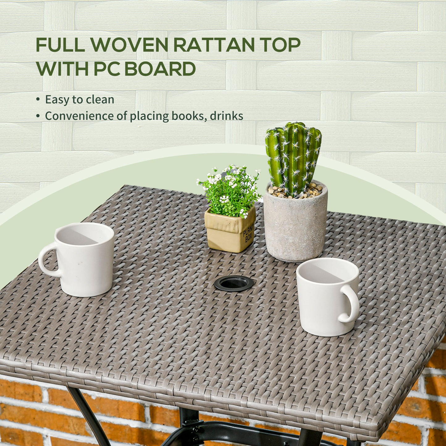 Patio Wicker Dining Table with Umbrella Hole, 34 Inch Outdoor PE Rattan Coffee Table with Plastic Board Under the Woven 