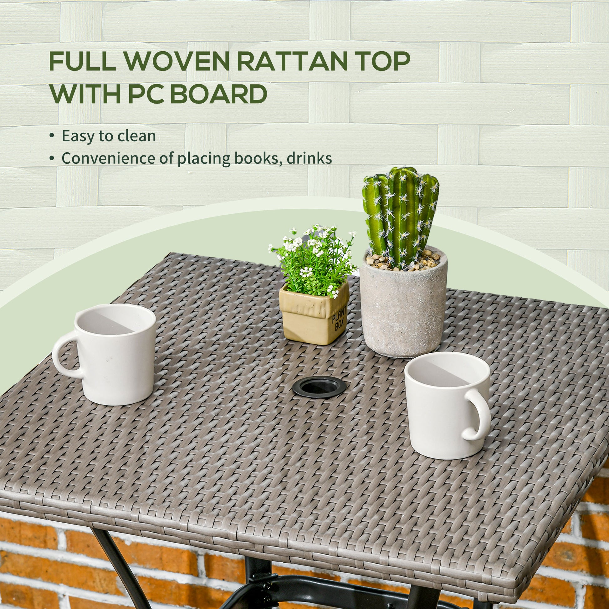 Patio Wicker Dining Table with Umbrella Hole, 34 Inch Outdoor PE Rattan Coffee Table with Plastic Board Under the Woven 