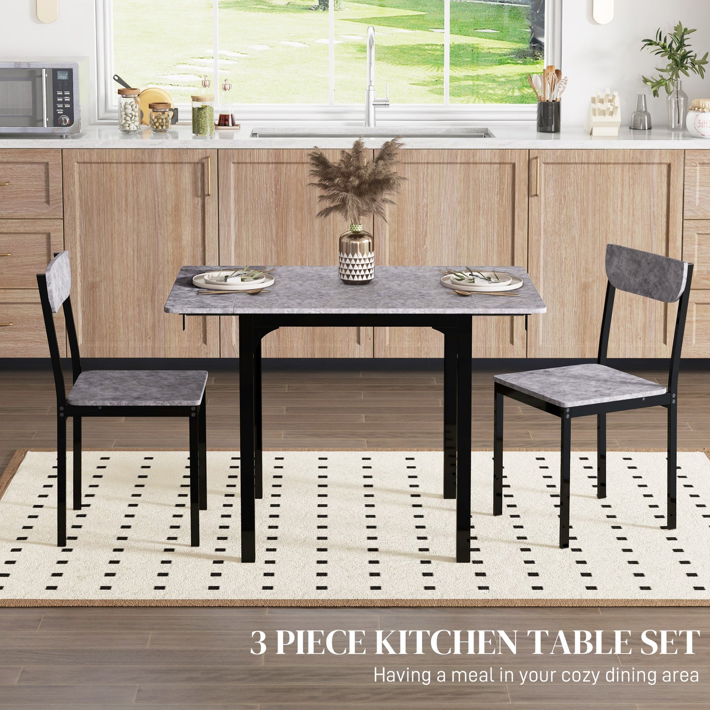 Foldable Dining Table Set for 2, Drop-Leaf Kitchen Table with 2 Chairs for Apartments, Studios, Natural Drop-leaf Dining