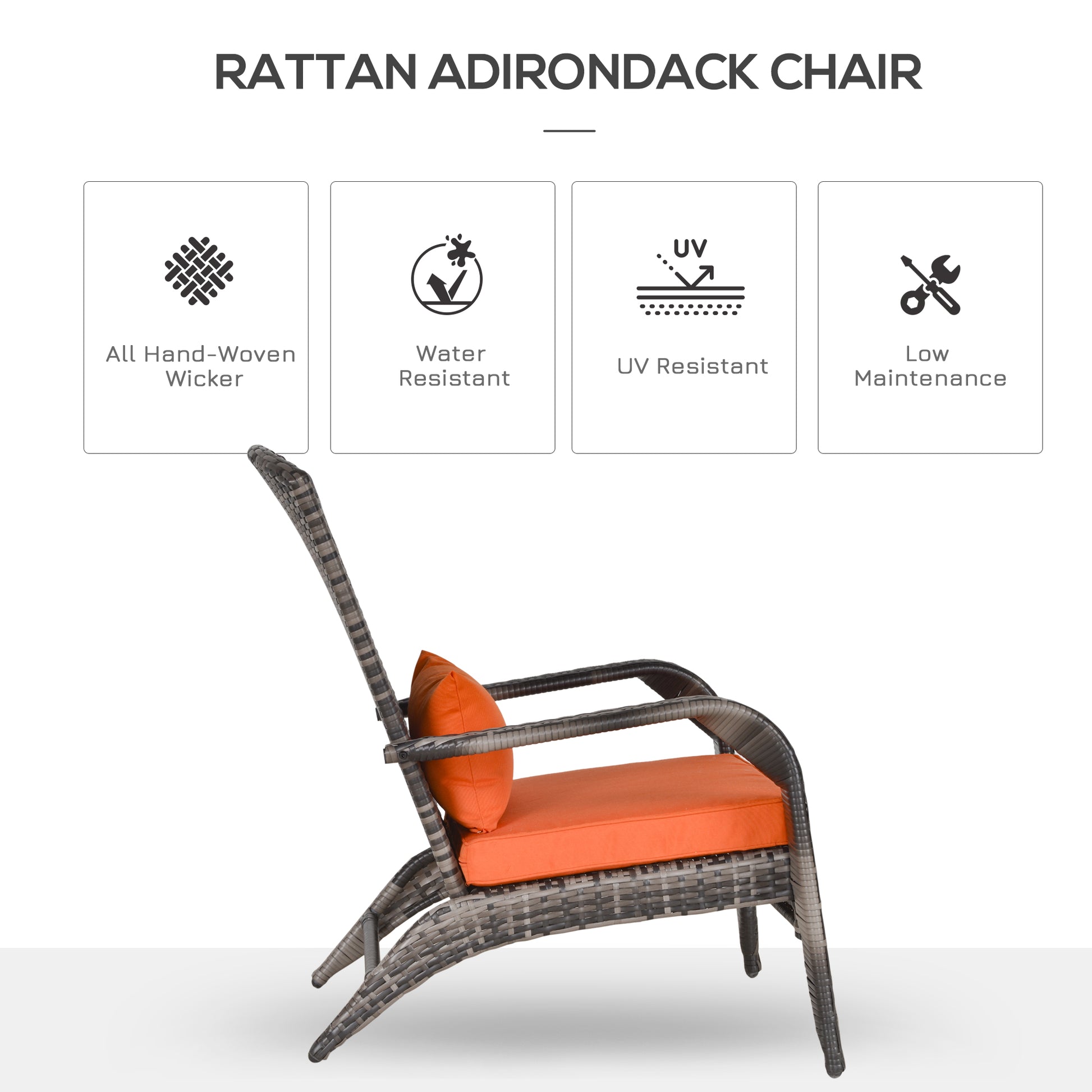 Patio Wicker Adirondack Chair, Outdoor PE Rattan Fire Pit Chair, Muskoka Chair w/ Soft Cushions, Tall Curved Backrest an