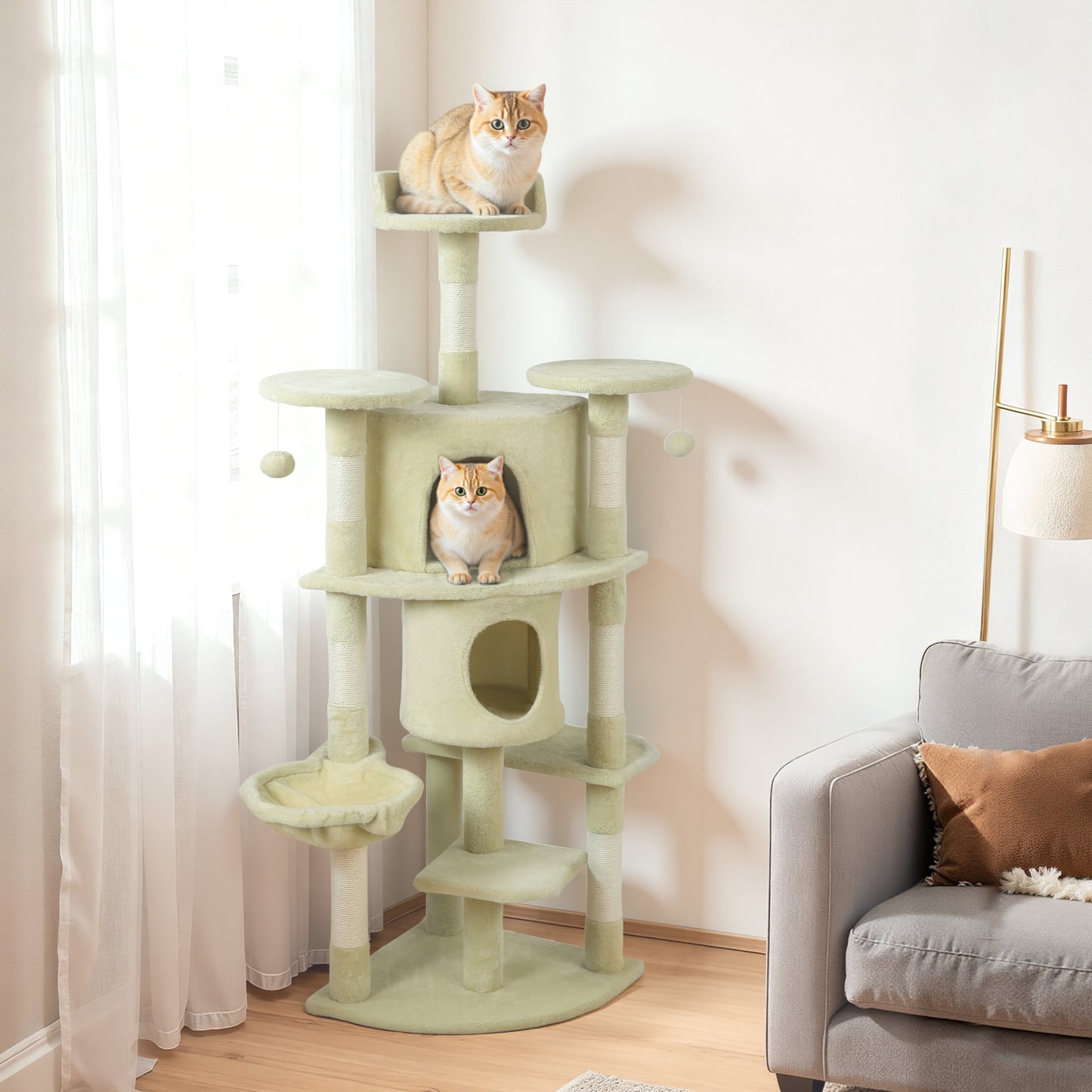 62" Cat Tree with Scratching Post, 2 Condos, Hammock, Perches, Plush, Pompoms, for Indoor Cats, Beige