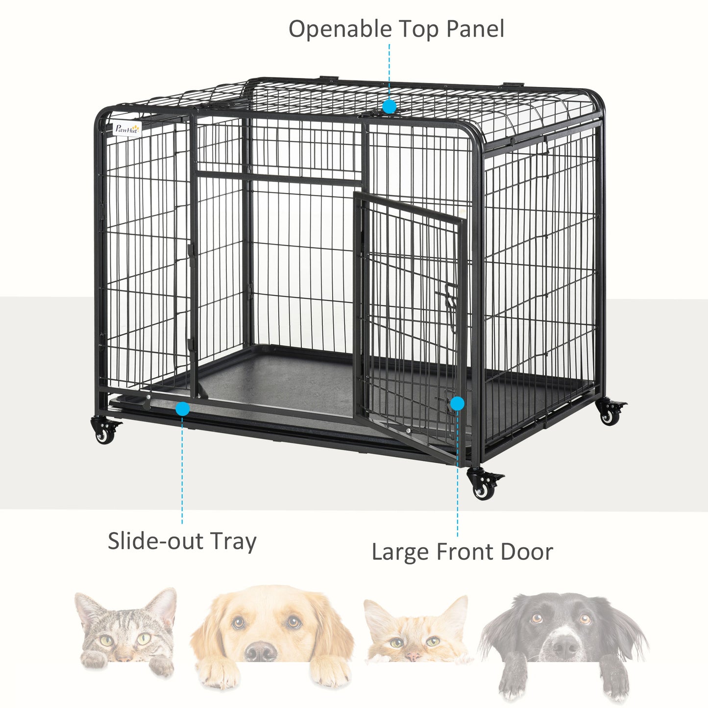 Folding Heavy Duty Dog Crate Heavy Duty Cage for Large Sized Dogs with Double Doors, Lockable Wheels Tray, 43" x 28" x 3