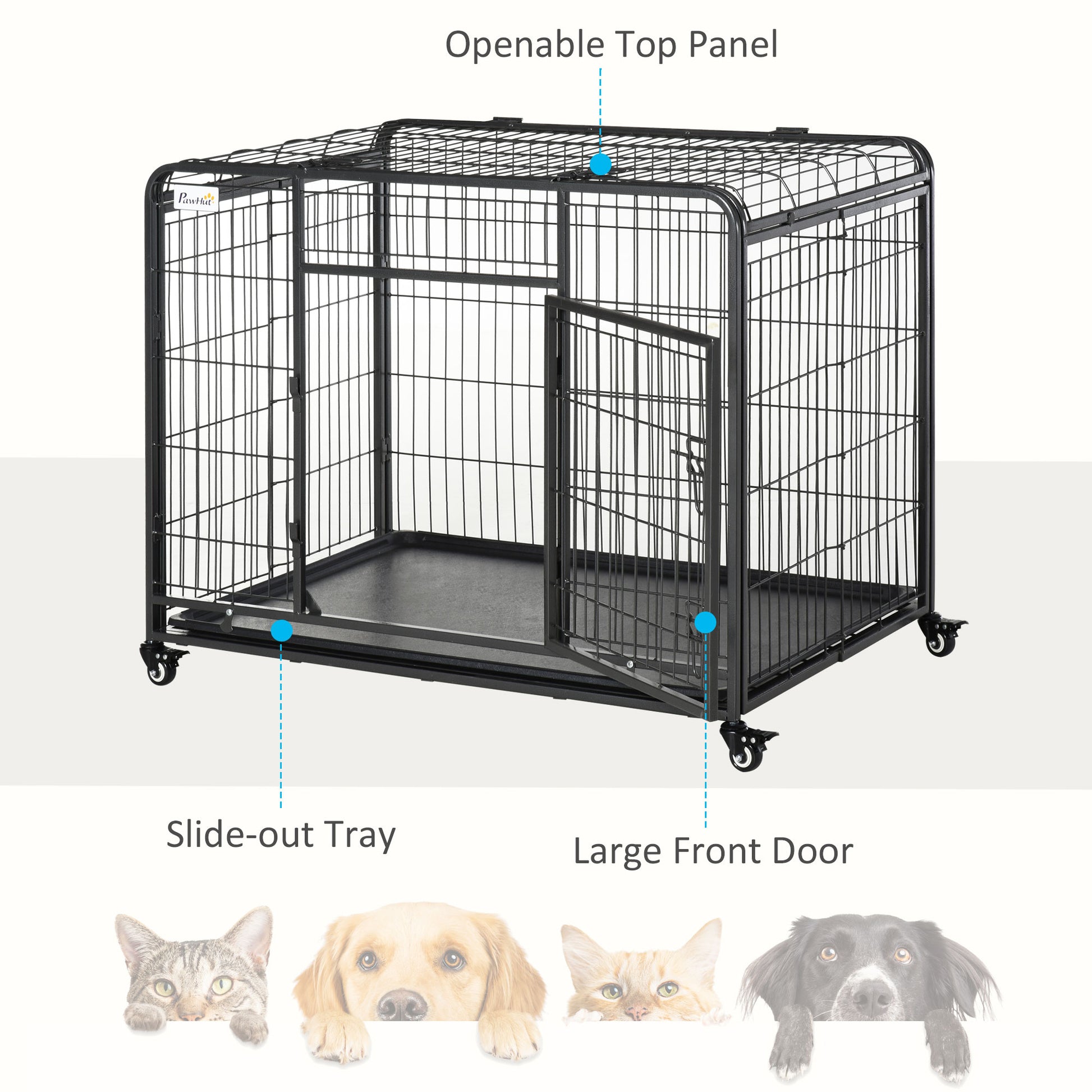 Folding Heavy Duty Dog Crate Heavy Duty Cage for Large Sized Dogs with Double Doors, Lockable Wheels Tray, 43" x 28" x 3