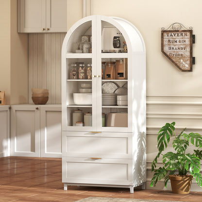 Arched Kitchen Pantry Cabinet, 71" Tall Farmhouse Kitchen Storage Cabinet with 2 Drawers, Acrylic Glass Doors, White