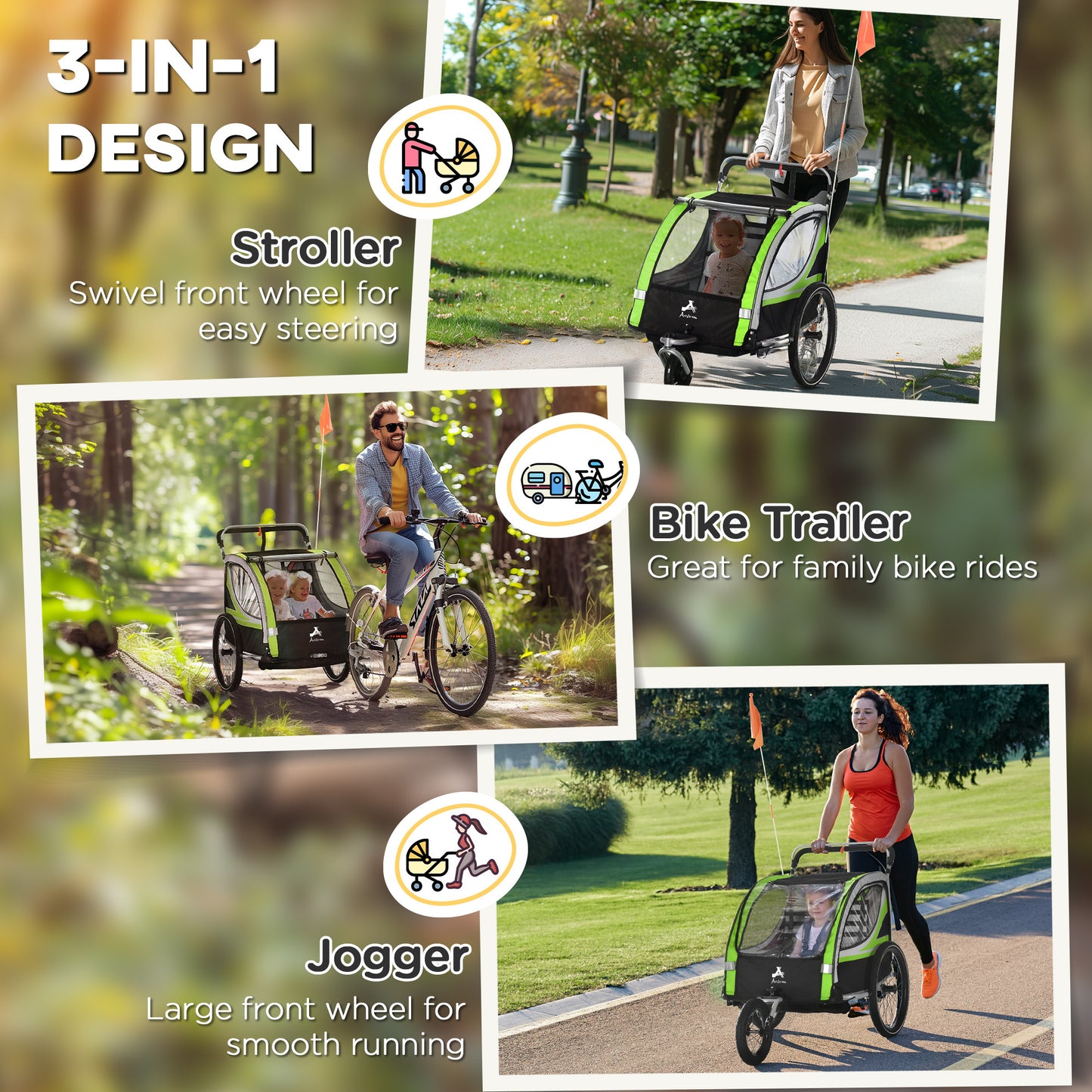 VarietyKart 3-in-1 Bike Trailer for Kids, Running Stroller with 2 Seats, Jogging Cart with 5-Point Harness, Storage Unit