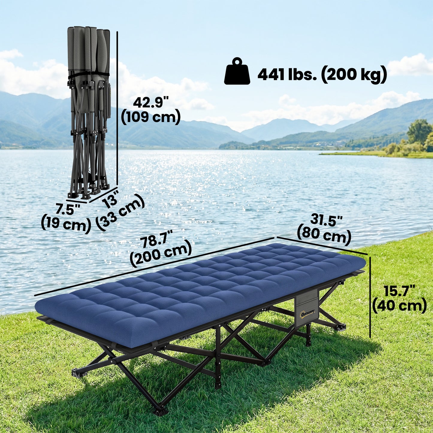Camping Cot with Soft Pad, 32" Extra Wide Folding Cots with Non-Slip Feet and Carry Bag, Blue