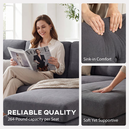 Sectional Sofa with Changeable Chaise Lounge, 3 Seat L-Shaped Small Space Sofa, Upholstered Couch for Small Space, Dark 
