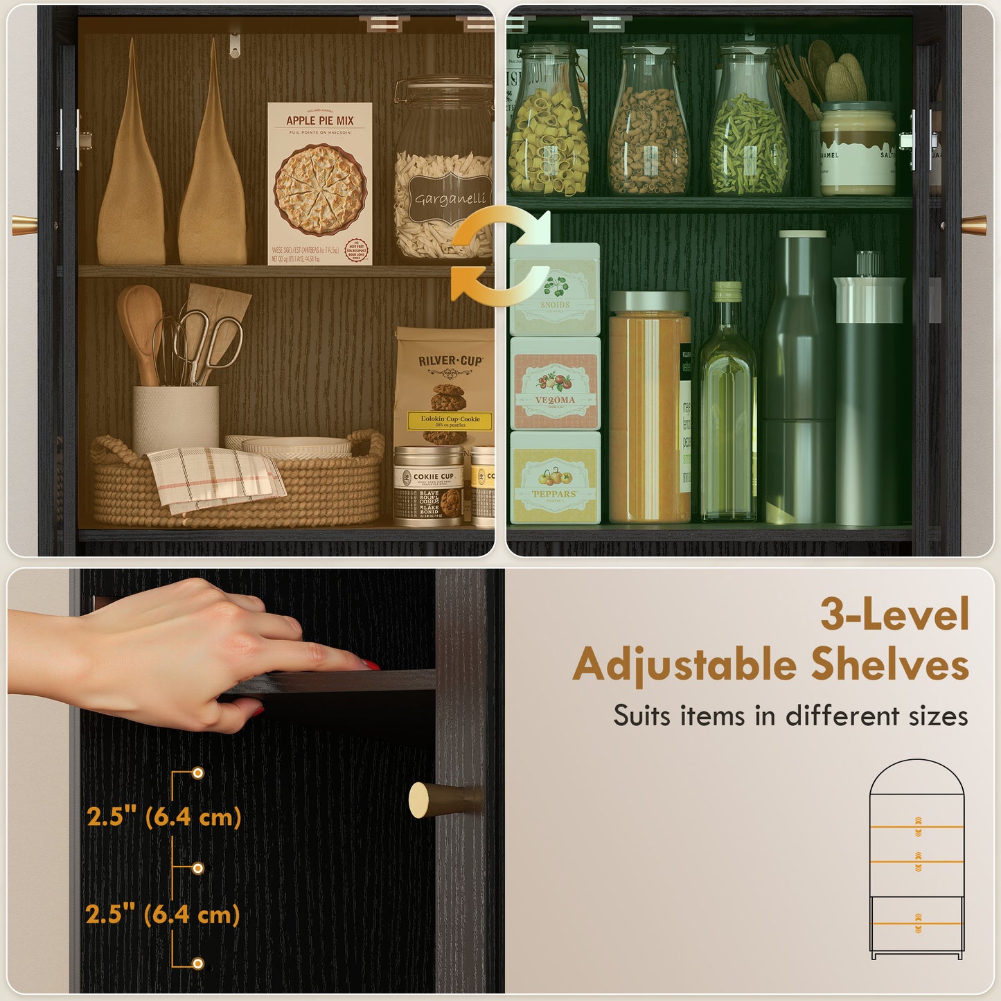 Arched Kitchen Pantry Cabinet, 71" Tall Farmhouse Kitchen Storage Cabinet with Acrylic Glass Doors, Black