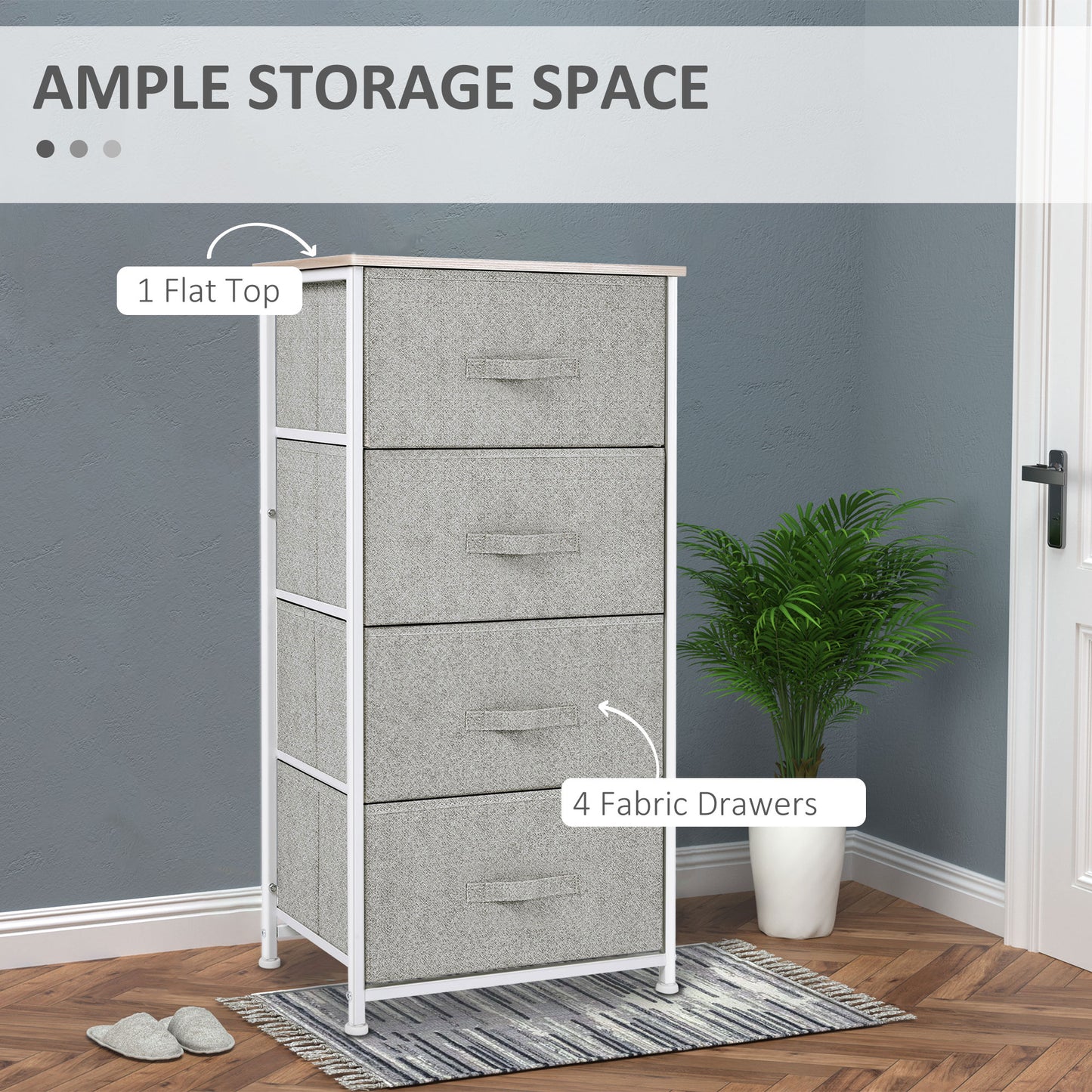 Linen Drawer Cabinet Organizer Storage Dresser Tower with 4 Removable Drawer Metal Frame Adjustable Feet for Living Room