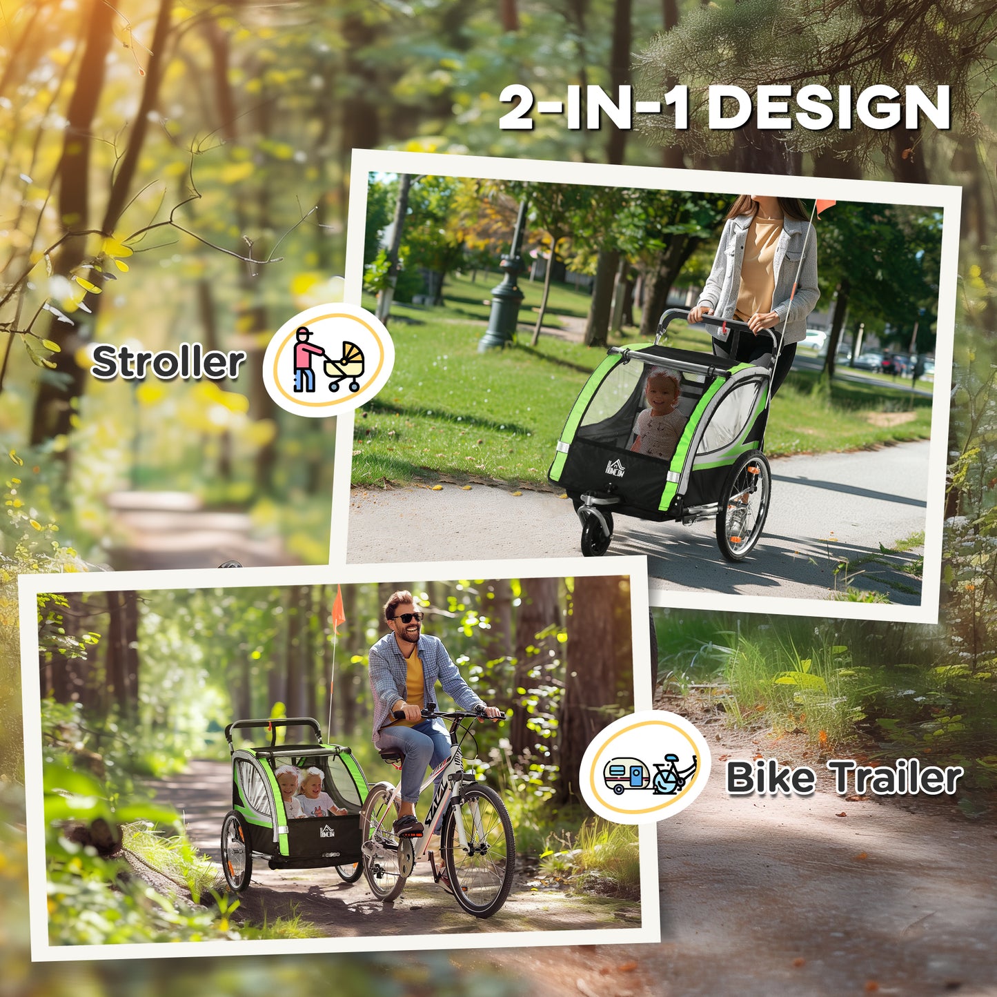 VarietyKart 2 Seat Bike Trailer for Kids 2-in-1 Double Baby Stroller with Handbrake, Rubber Wheels, 5 Point Harness, Wat