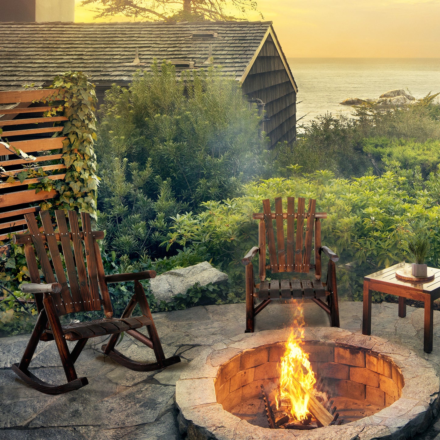 Outdoor Rocking Chair, Wooden Adirondack Outdoor Rocker with High Back, Slatted Seat, Oversized Rustic Patio Rocking Cha