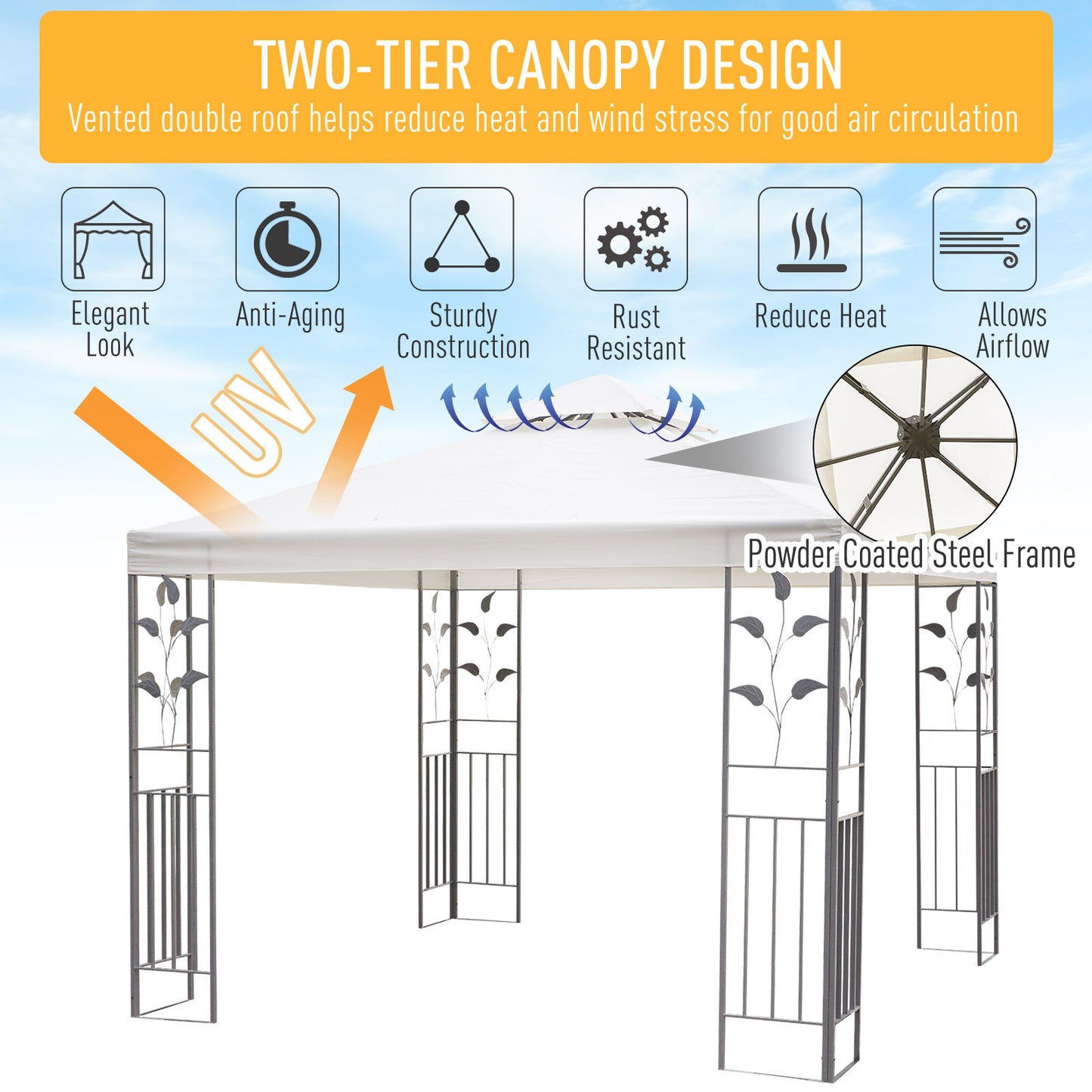 10' x 10' Outdoor Garden Metal Gazebo Patio Canopy Marquee Patio Party Tent Canopy Shelter Vented Roof Decorative Frame,
