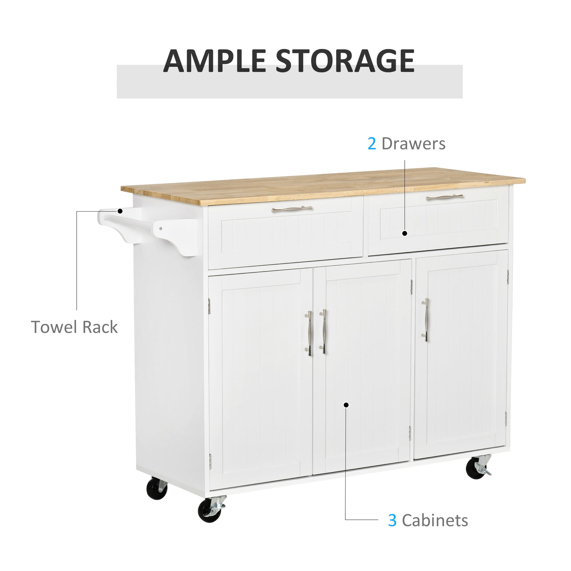 48" Kitchen Island with Storage and Solid Wood Top, Rolling Kitchen Cart on Wheels with 2 Storage Drawers, 3 Doors and T