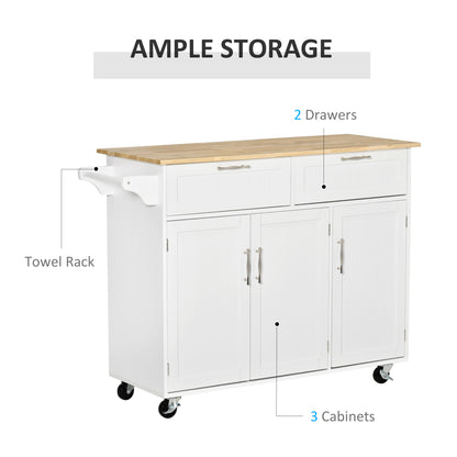 48" Kitchen Island with Storage and Solid Wood Top, Rolling Kitchen Cart on Wheels with 2 Storage Drawers, 3 Doors and T