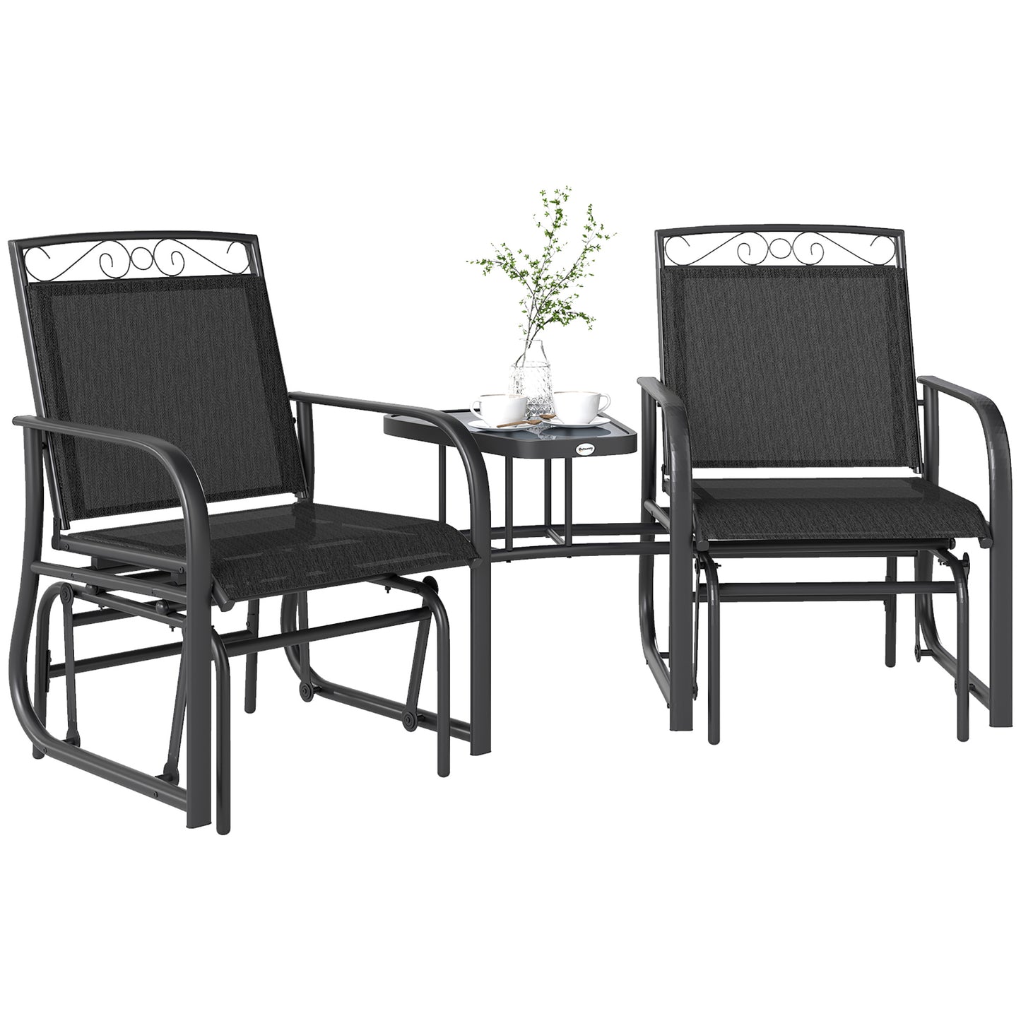 Outdoor Glider Bench with Coffee Table, Patio 2-Seat Rocking Chair Swing Loveseat with Breathable Sling for Backyard Gar
